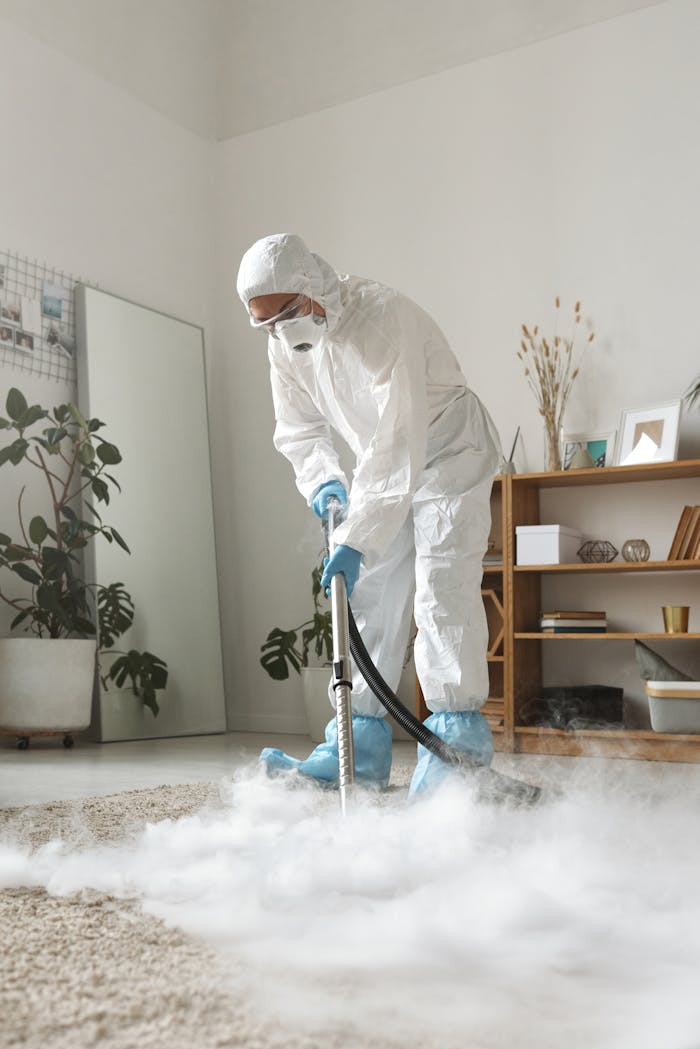 about-img-01 A person in protective gear disinfecting a carpet in a stylish living room, ensuring safety.