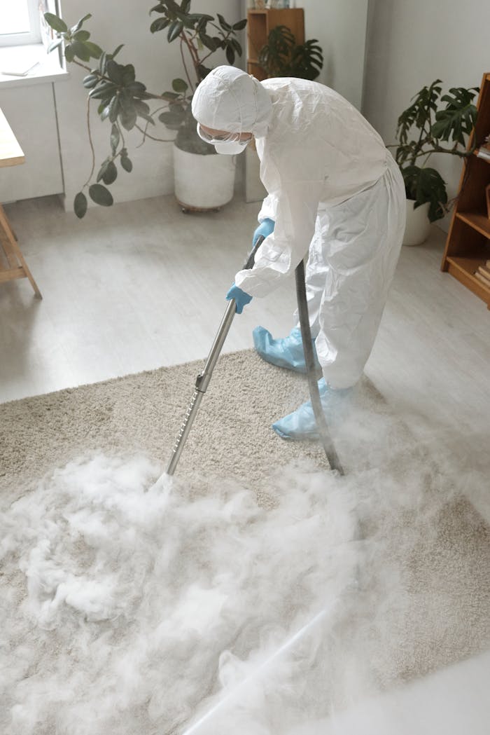 gallery-04 Woman in protective gear disinfecting a carpet indoors during COVID-19 pandemic.